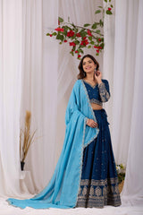 Peacock Blue Vichitra Silk Designer Lehenga Choli with Sequence Thread Work & Sky Blue Dupatta