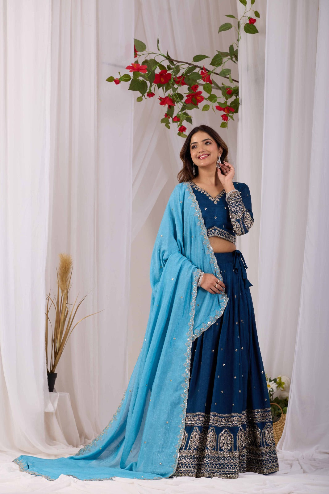 Peacock Blue Vichitra Silk Designer Lehenga Choli with Sequence Thread Work & Sky Blue Dupatta