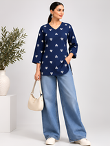 Navy Blue & White Heart Printed Cotton Designer Short Kurti for Women