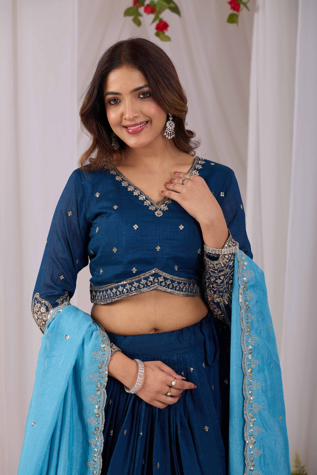 Peacock Blue Vichitra Silk Designer Lehenga Choli with Sequence Thread Work & Sky Blue Dupatta