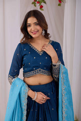 Peacock Blue Vichitra Silk Designer Lehenga Choli with Sequence Thread Work & Sky Blue Dupatta