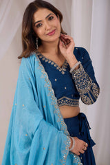Peacock Blue Vichitra Silk Designer Lehenga Choli with Sequence Thread Work & Sky Blue Dupatta
