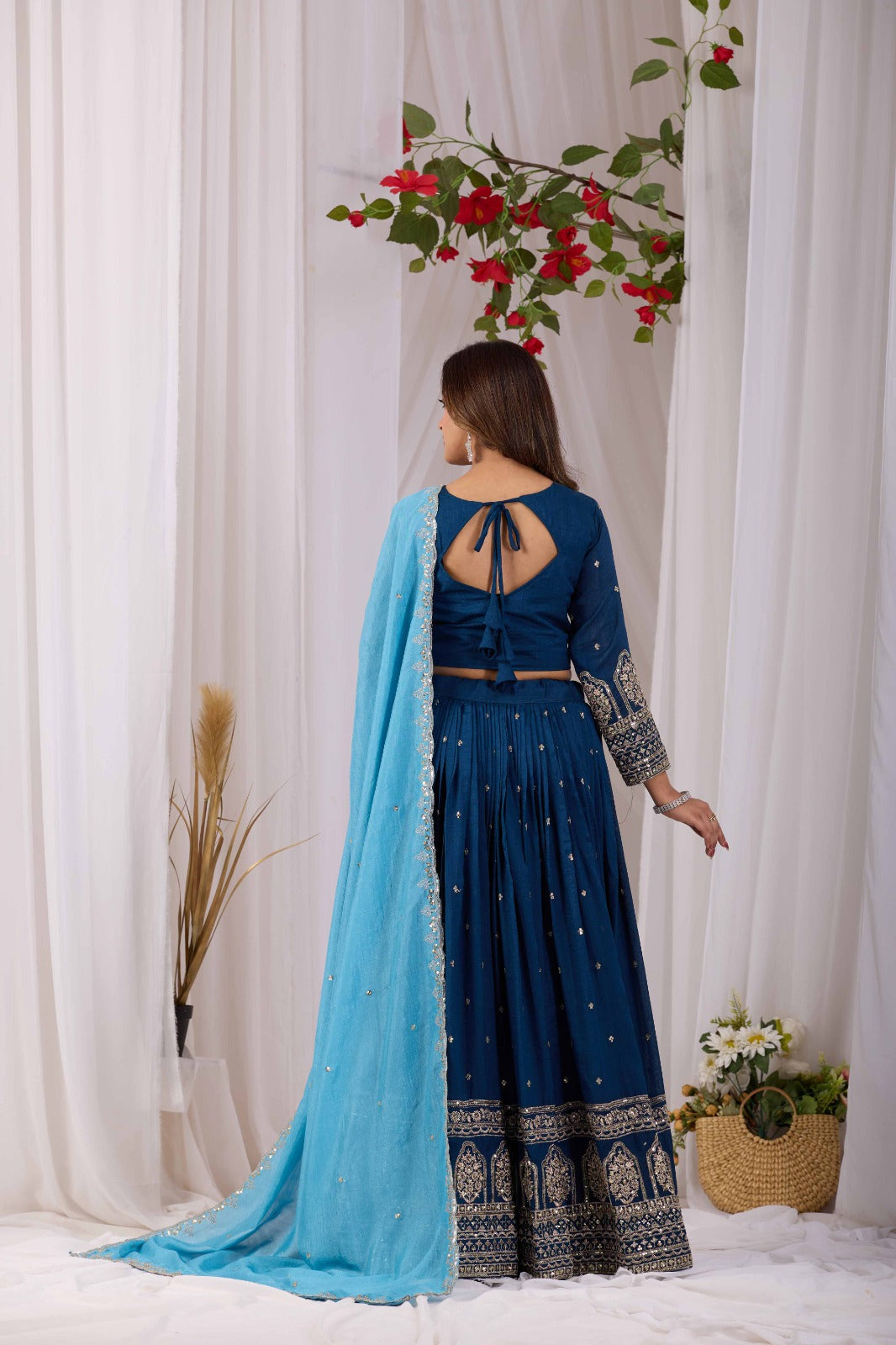 Peacock Blue Vichitra Silk Designer Lehenga Choli with Sequence Thread Work & Sky Blue Dupatta