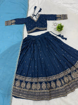 Peacock Blue Vichitra Silk Designer Lehenga Choli with Sequence Thread Work & Sky Blue Dupatta