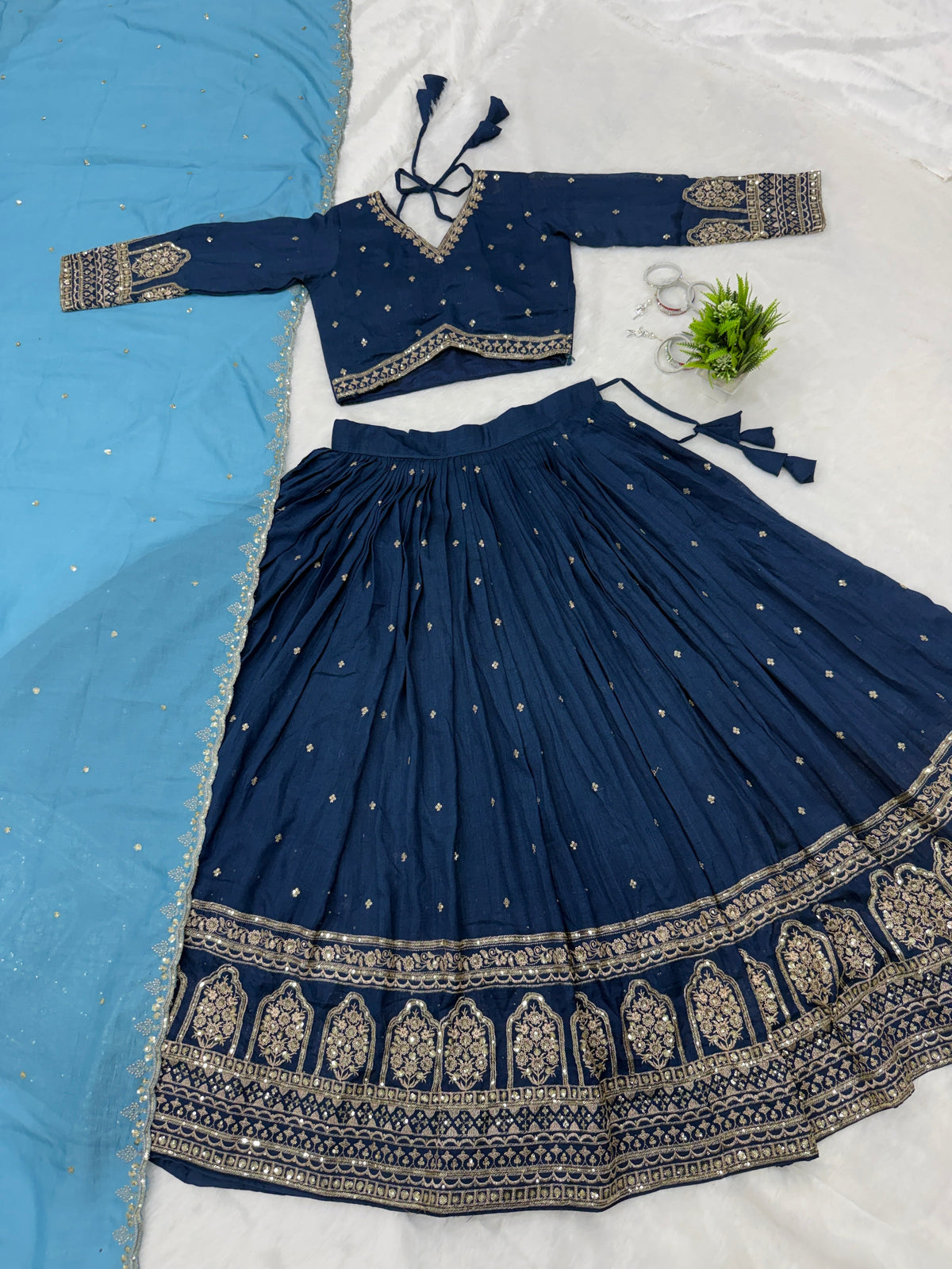 Peacock Blue Vichitra Silk Designer Lehenga Choli with Sequence Thread Work & Sky Blue Dupatta