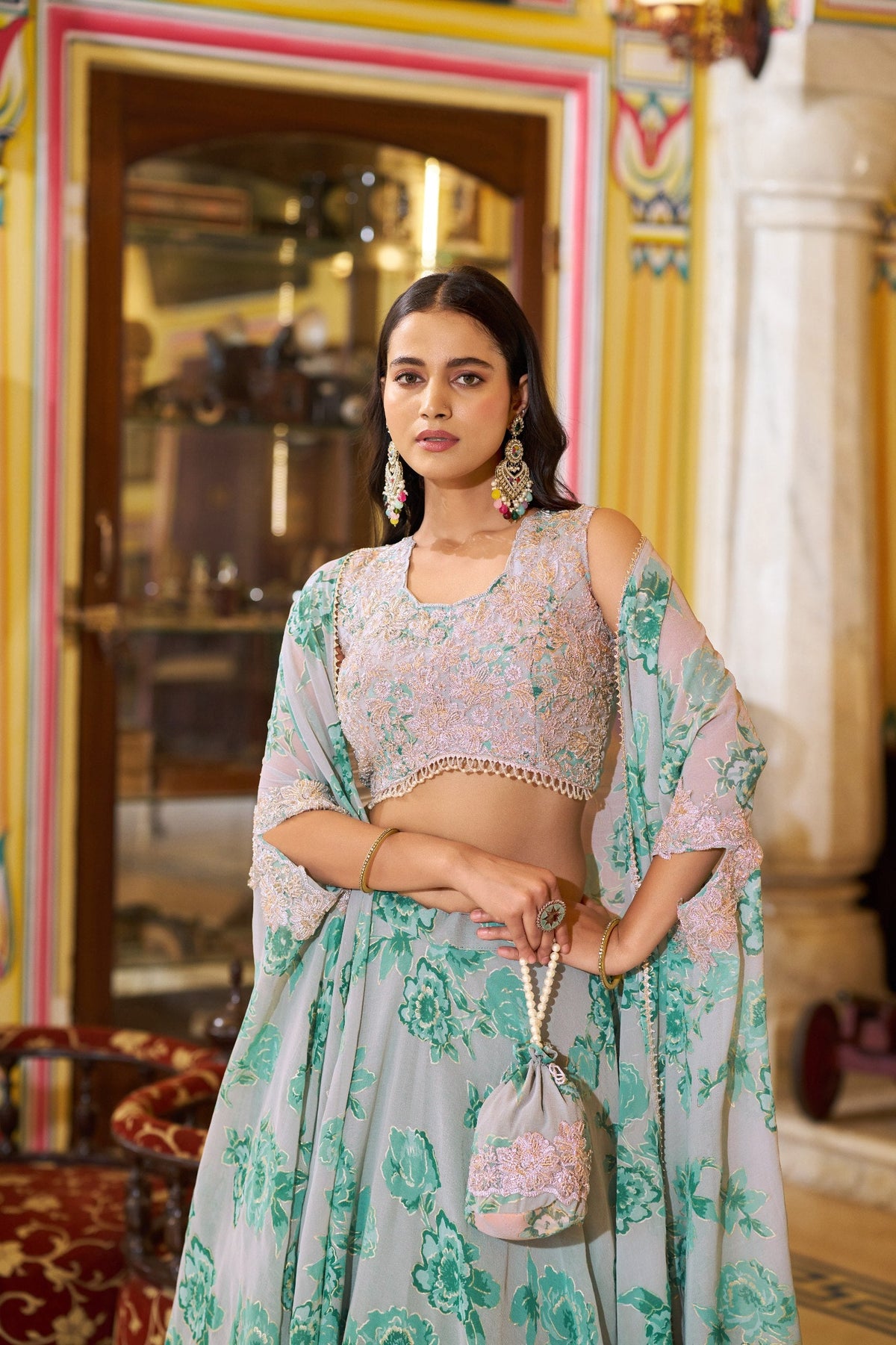 Designer Floral Printed Georgette Lehenga Choli with Embroidered Blouse & Dupatta Set