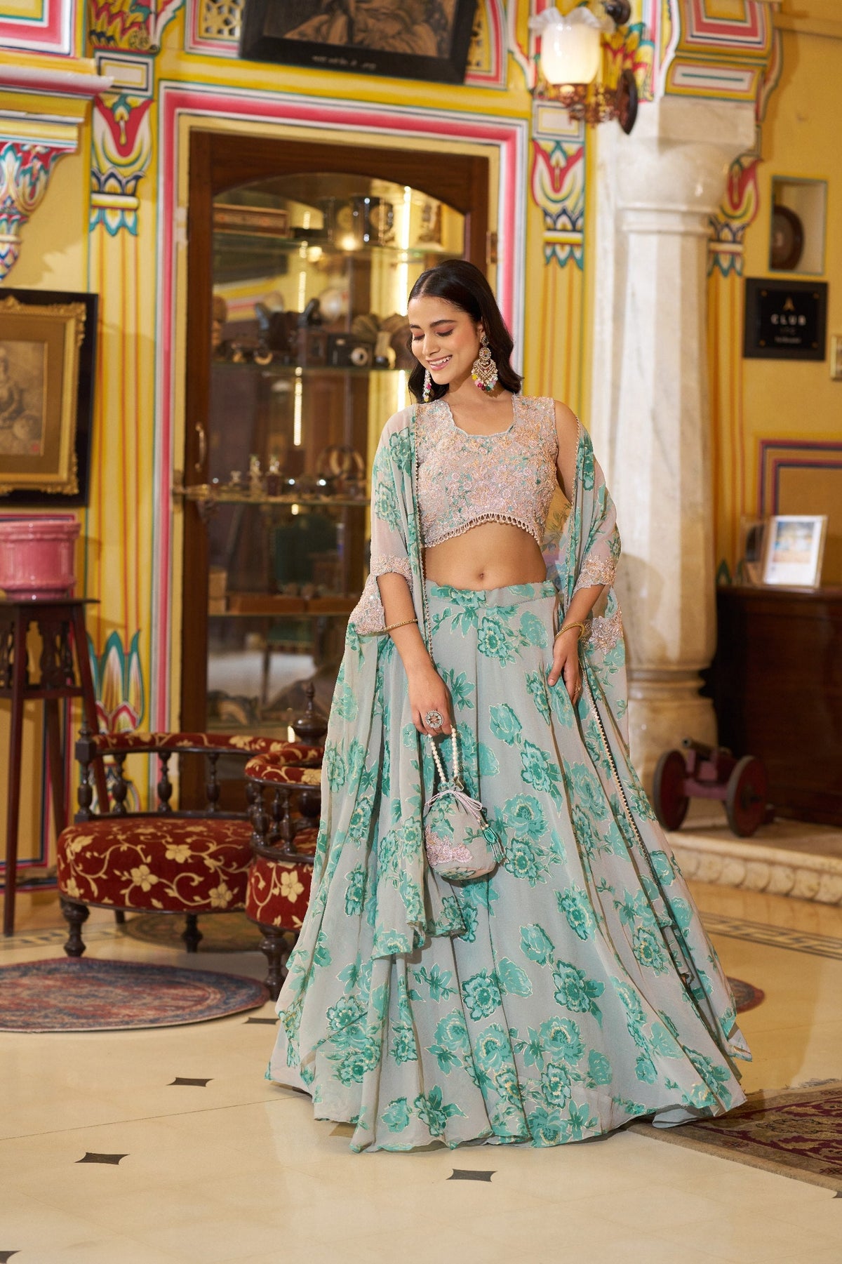 Designer Floral Printed Georgette Lehenga Choli with Embroidered Blouse & Dupatta Set