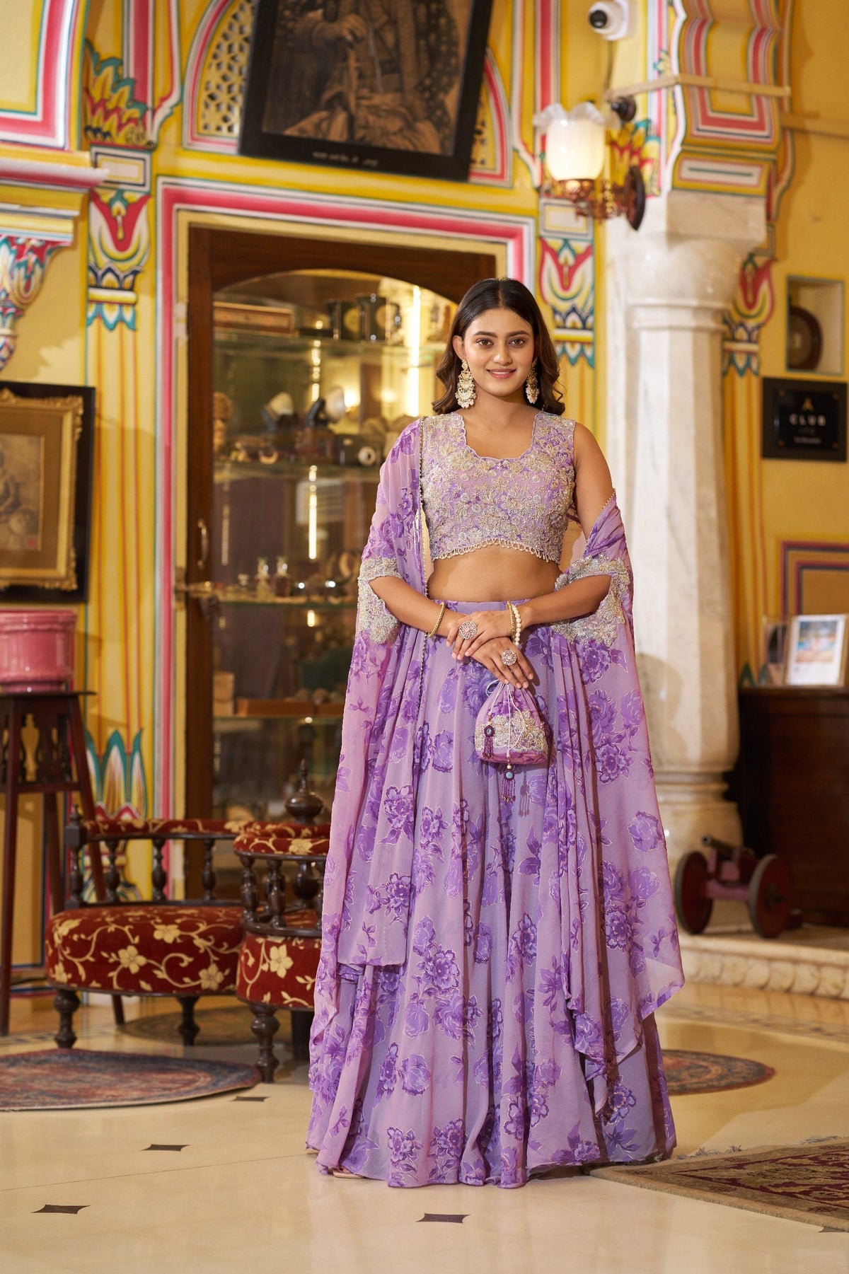 Designer Floral Printed Georgette Lehenga Choli with Embroidered Blouse & Dupatta Set