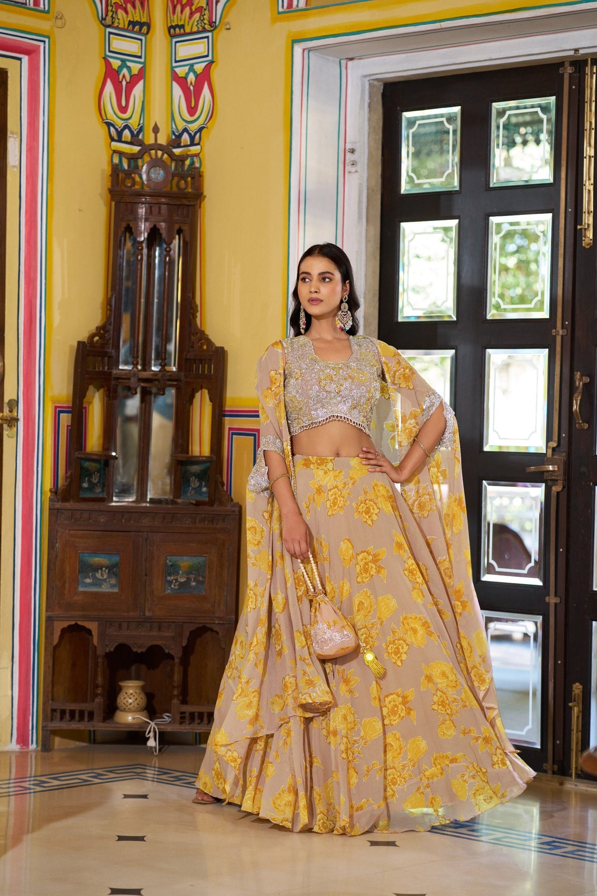 Designer Floral Printed Georgette Lehenga Choli with Embroidered Blouse & Dupatta Set