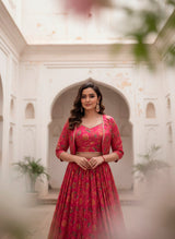 Magenta Pink Tasar Silk Designer Lehenga Choli with Floral Print, Gota Patti Touch Up & Matching Koti