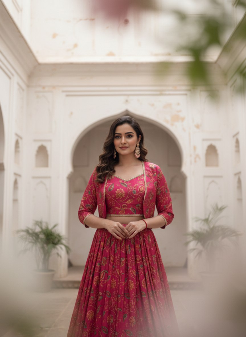 Magenta Pink Tasar Silk Designer Lehenga Choli with Floral Print, Gota Patti Touch Up & Matching Koti