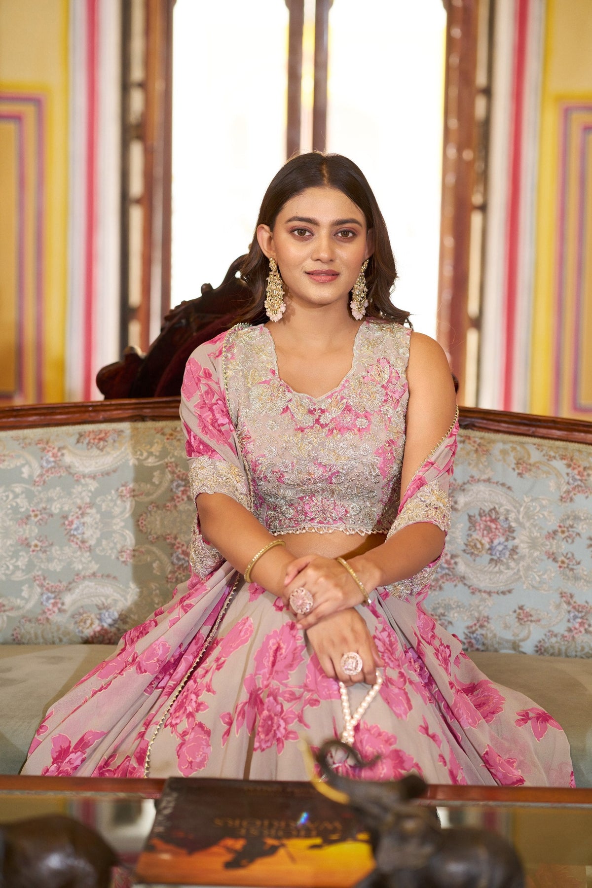 Designer Floral Printed Georgette Lehenga Choli with Embroidered Blouse & Dupatta Set