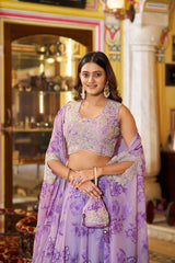 Designer Floral Printed Georgette Lehenga Choli with Embroidered Blouse & Dupatta Set