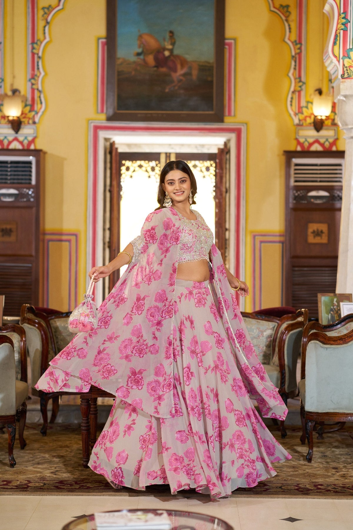 Designer Floral Printed Georgette Lehenga Choli with Embroidered Blouse & Dupatta Set