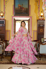 Designer Floral Printed Georgette Lehenga Choli with Embroidered Blouse & Dupatta Set