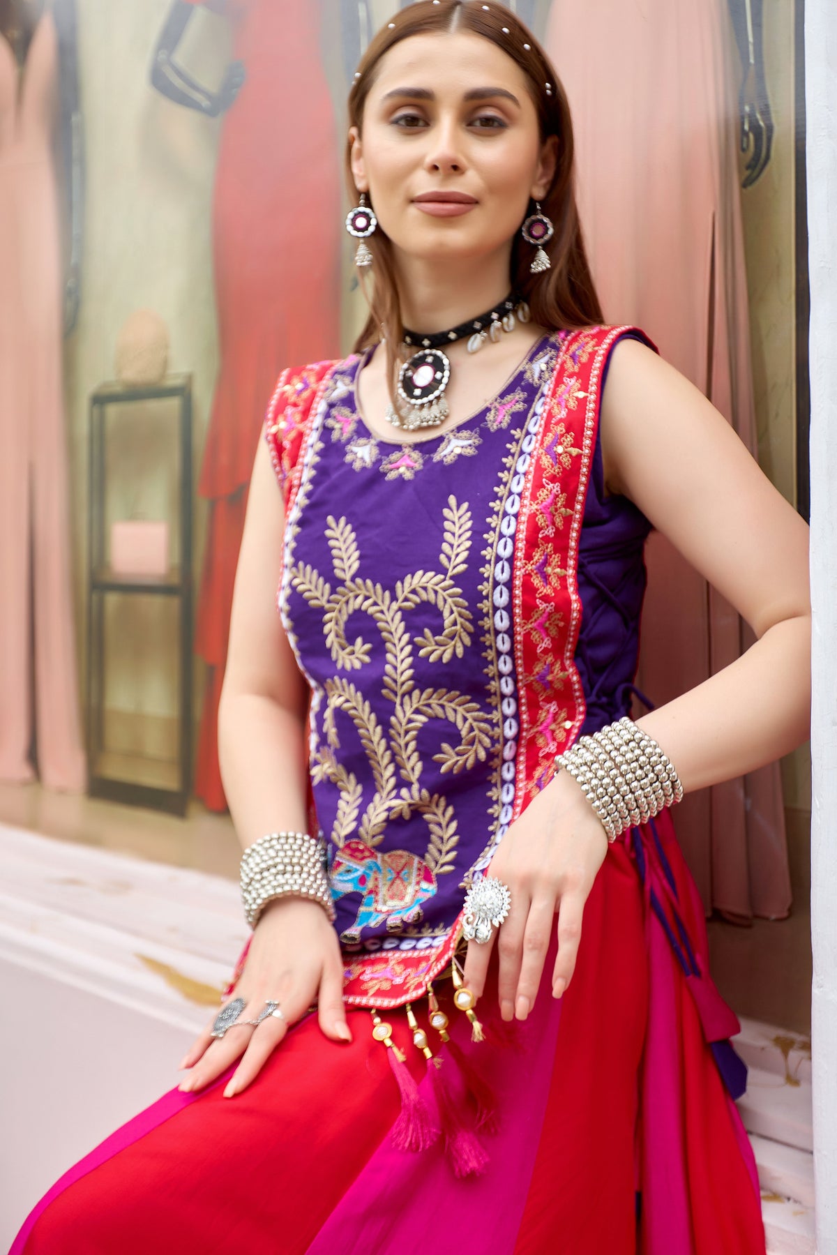 Purple & Red Pure Cotton Designer Lehenga Choli with Shrug & Lampi Lace Work