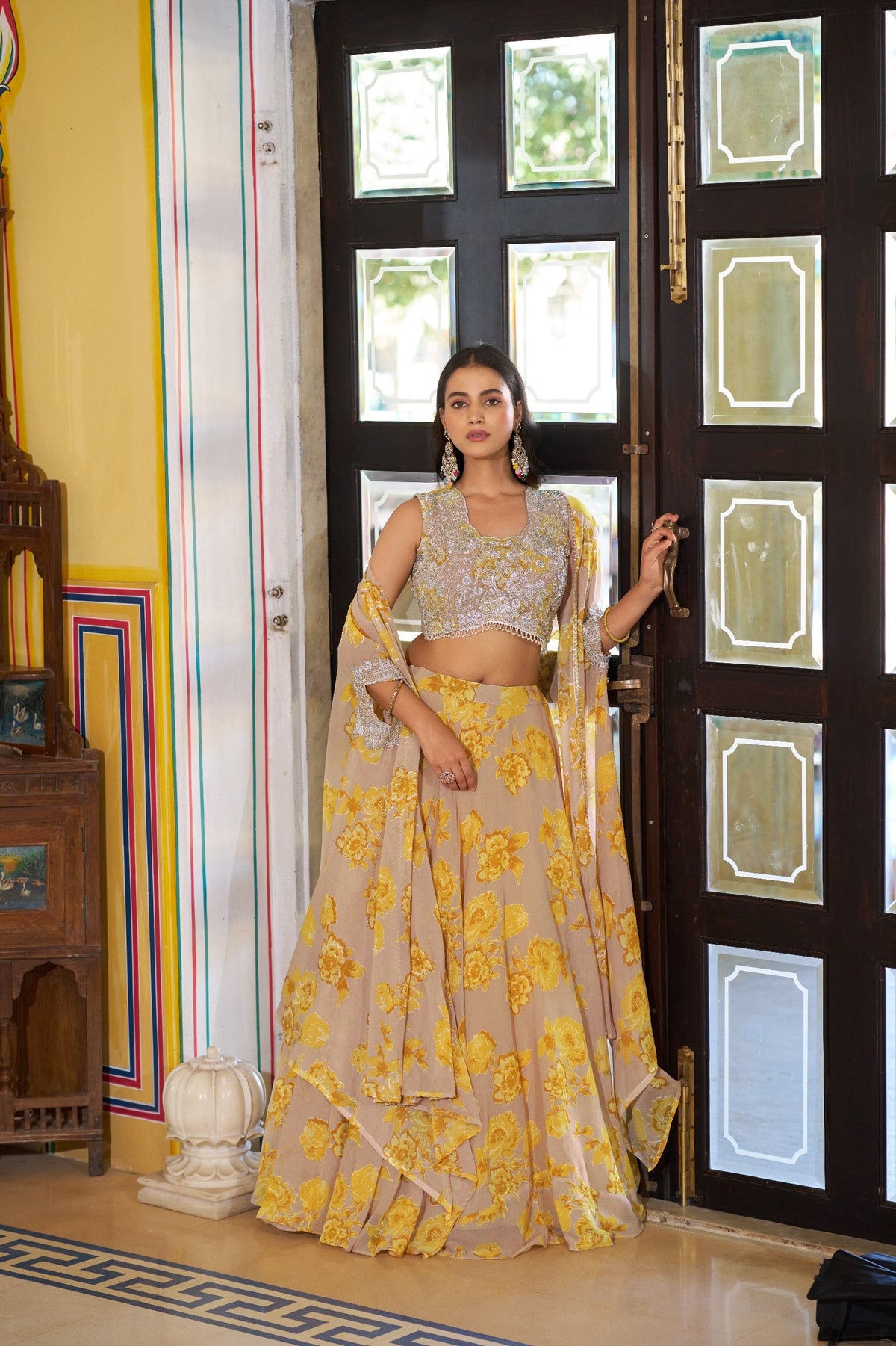 Designer Floral Printed Georgette Lehenga Choli with Embroidered Blouse & Dupatta Set