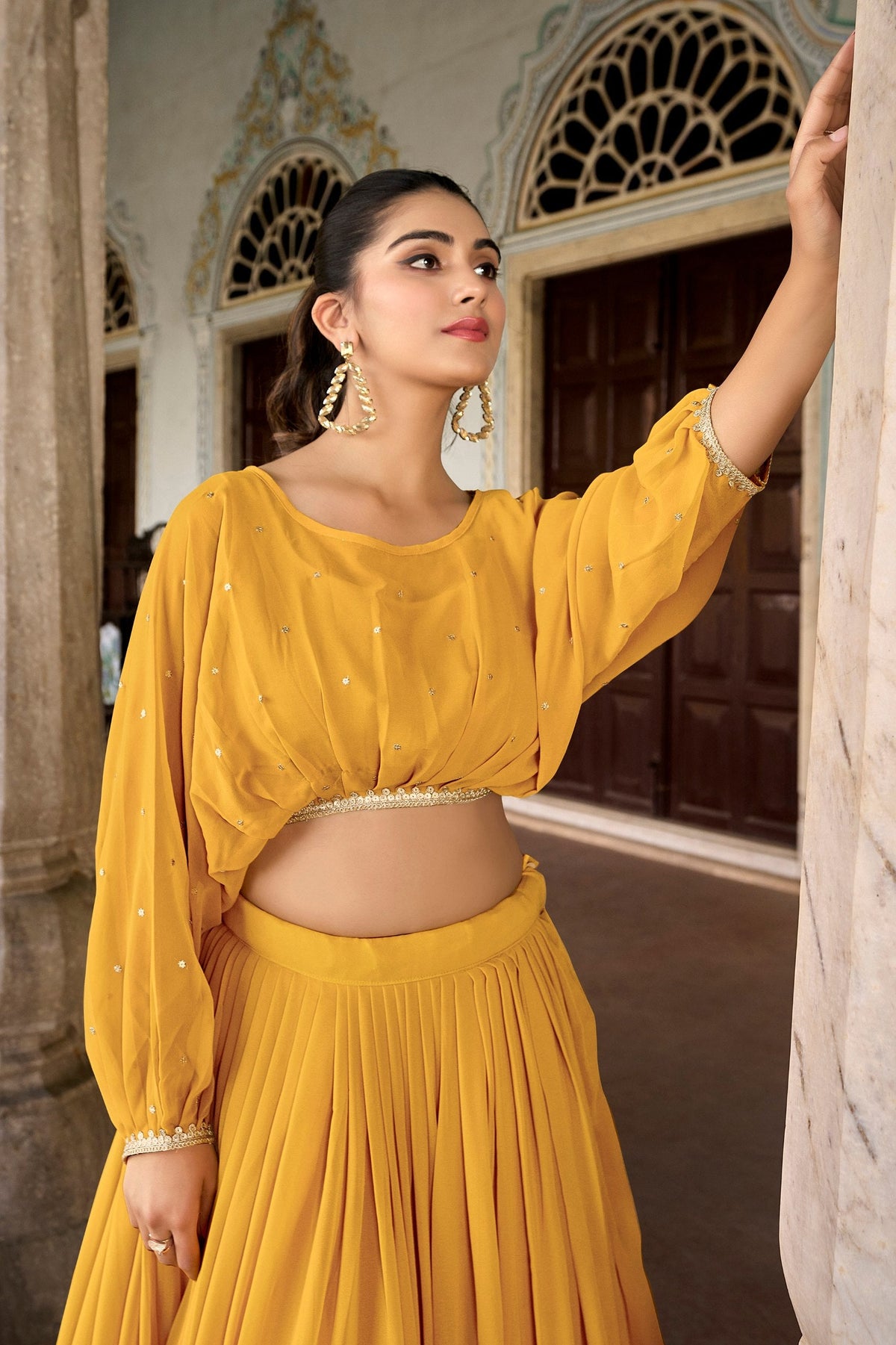 Mustard Yellow Tasar Silk Designer Lehenga Choli with Floral Print, Gota Patti Touch Up & Koti