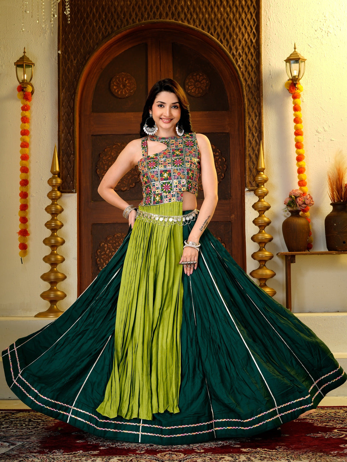 Bottle Green & Lime Green Pure Cotton Designer Lehenga Choli with Heavy Thread & Sequence Work