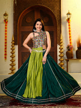 Bottle Green & Lime Green Pure Cotton Designer Lehenga Choli with Heavy Thread & Sequence Work