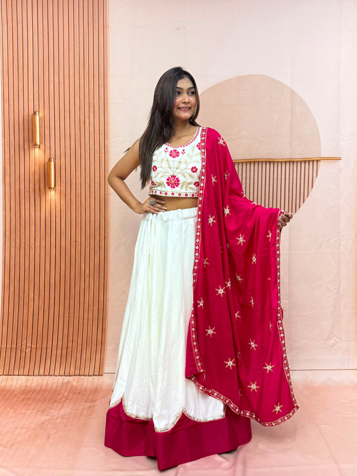White & Magenta Pure Cotton Designer Lehenga Choli with Sequence Lace Work & Dupatta