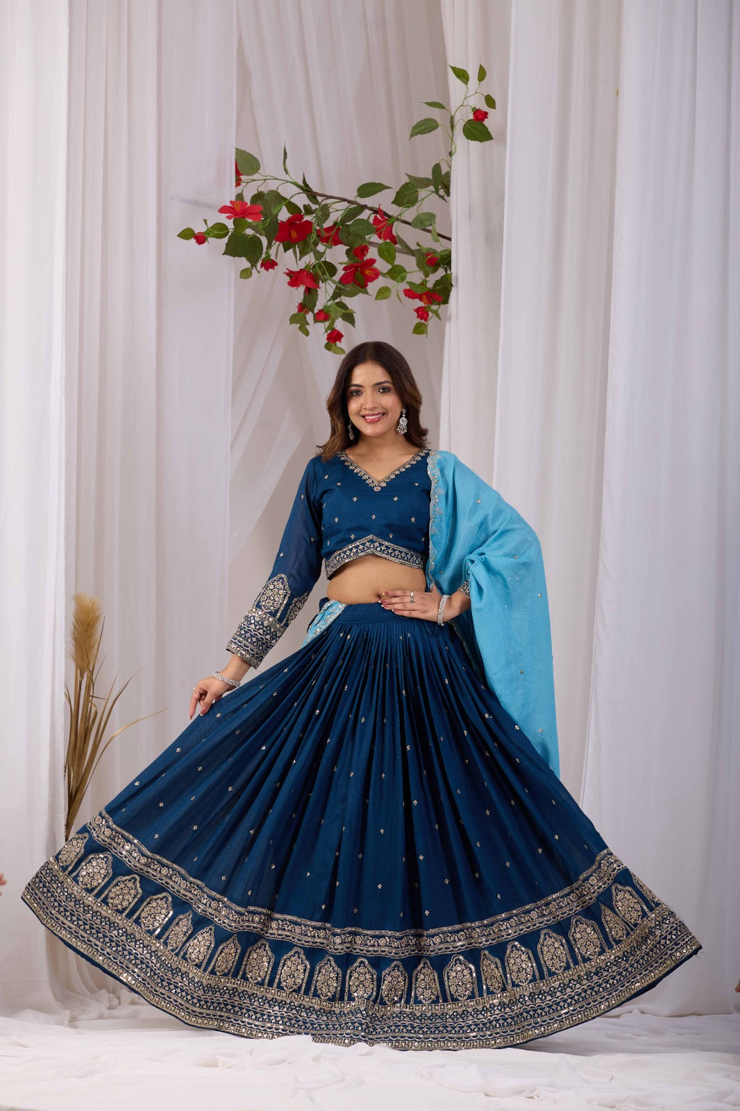Peacock Blue Vichitra Silk Designer Lehenga Choli with Sequence Thread Work & Sky Blue Dupatta