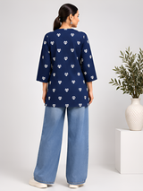 Navy Blue & White Heart Printed Cotton Designer Short Kurti for Women