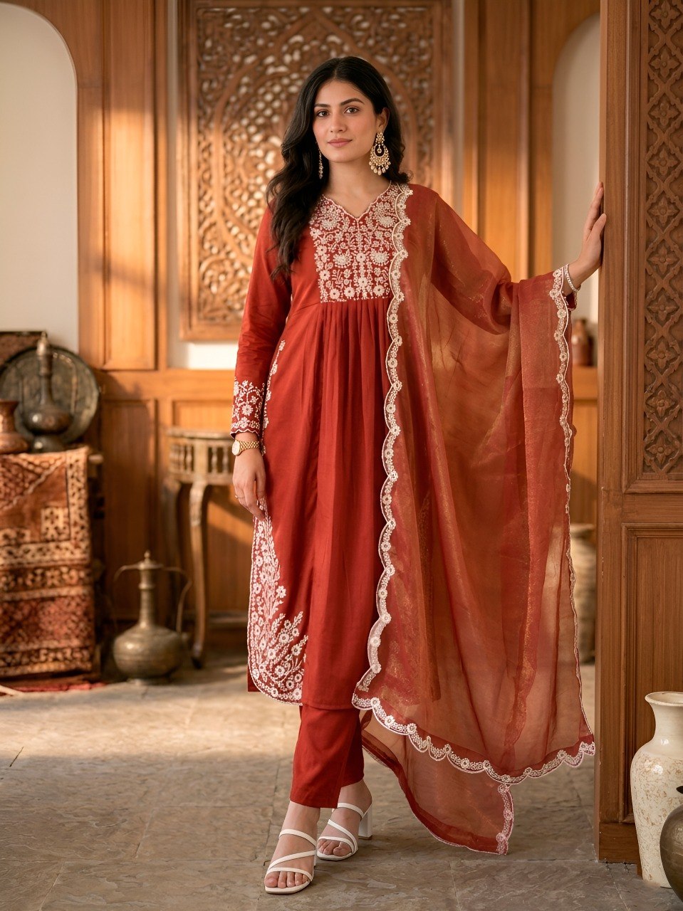 Rust Orange Maska Cotton Designer Kurti Set with Sequins Embroidery Work, Pants & Gold Coin Dupatta