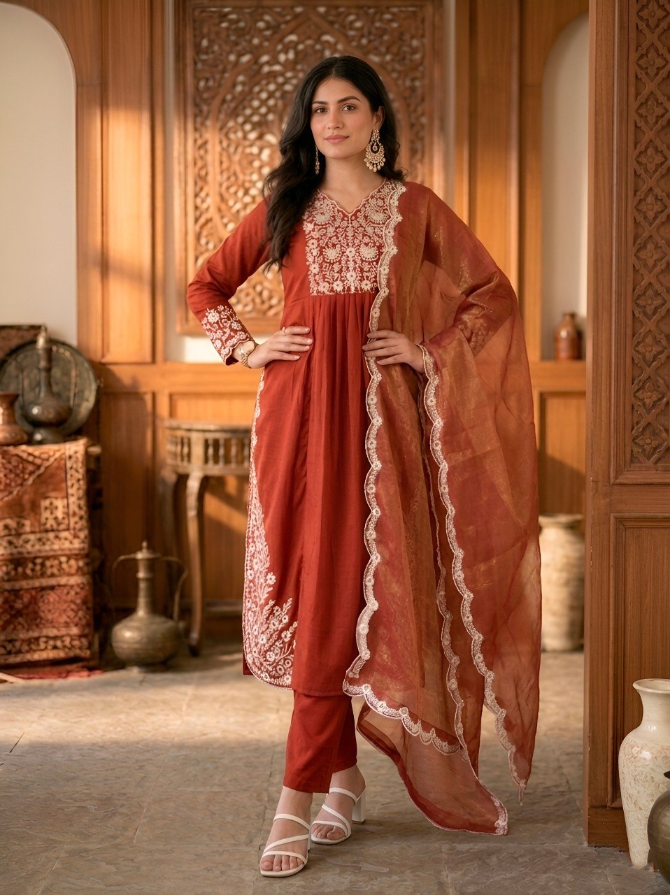 Rust Orange Maska Cotton Designer Kurti Set with Sequins Embroidery Work, Pants & Gold Coin Dupatta