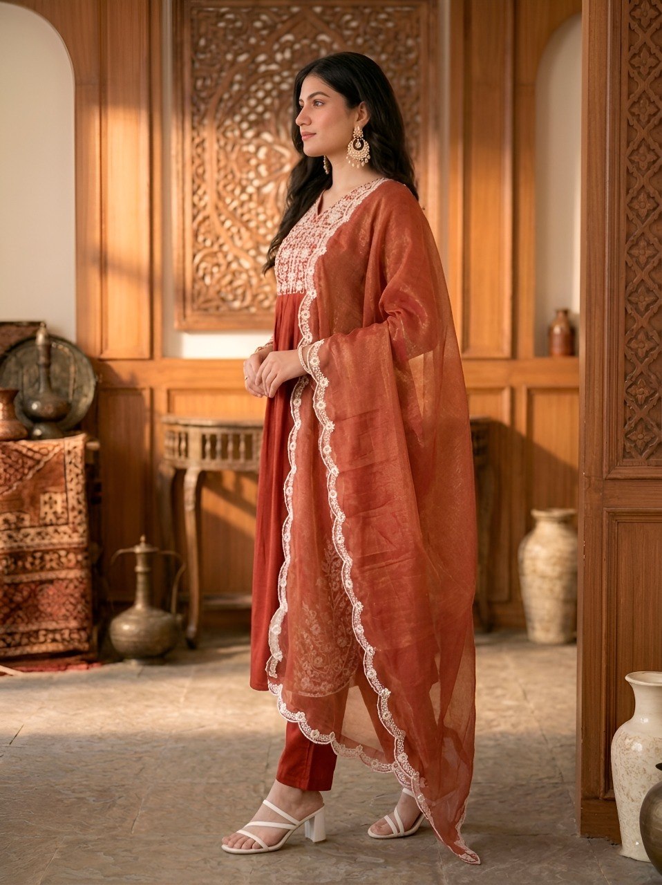 Rust Orange Maska Cotton Designer Kurti Set with Sequins Embroidery Work, Pants & Gold Coin Dupatta