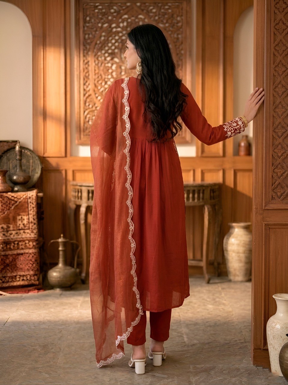 Rust Orange Maska Cotton Designer Kurti Set with Sequins Embroidery Work, Pants & Gold Coin Dupatta