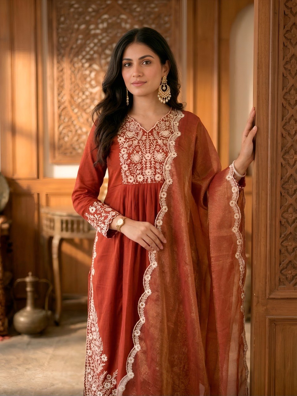 Rust Orange Maska Cotton Designer Kurti Set with Sequins Embroidery Work, Pants & Gold Coin Dupatta