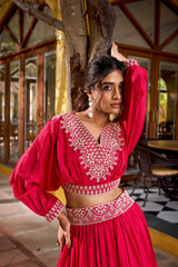 Magenta Pink Vichitra Silk Designer Lehenga Choli with Thread Embroidery Work & Blouse