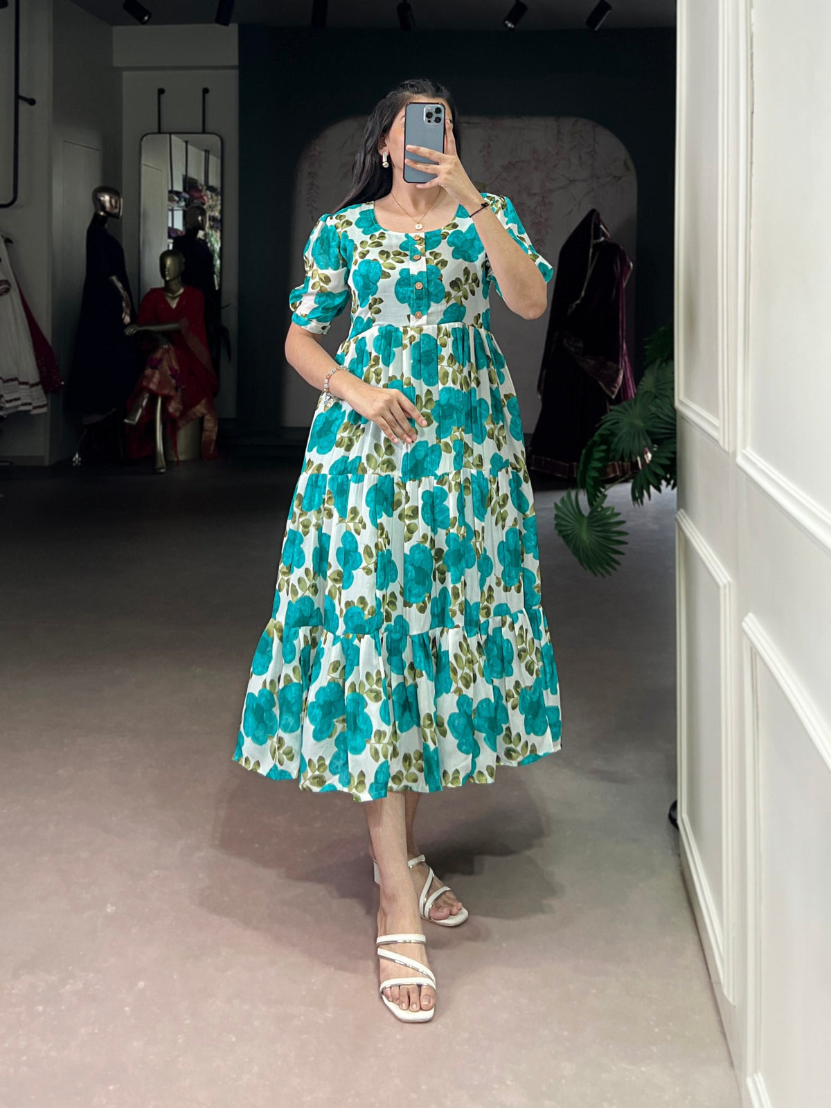Floral Printed Vichitra Silk Tiered Frock Dress