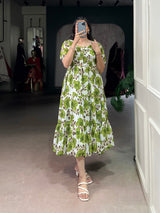 Floral Printed Vichitra Silk Tiered Frock Dress