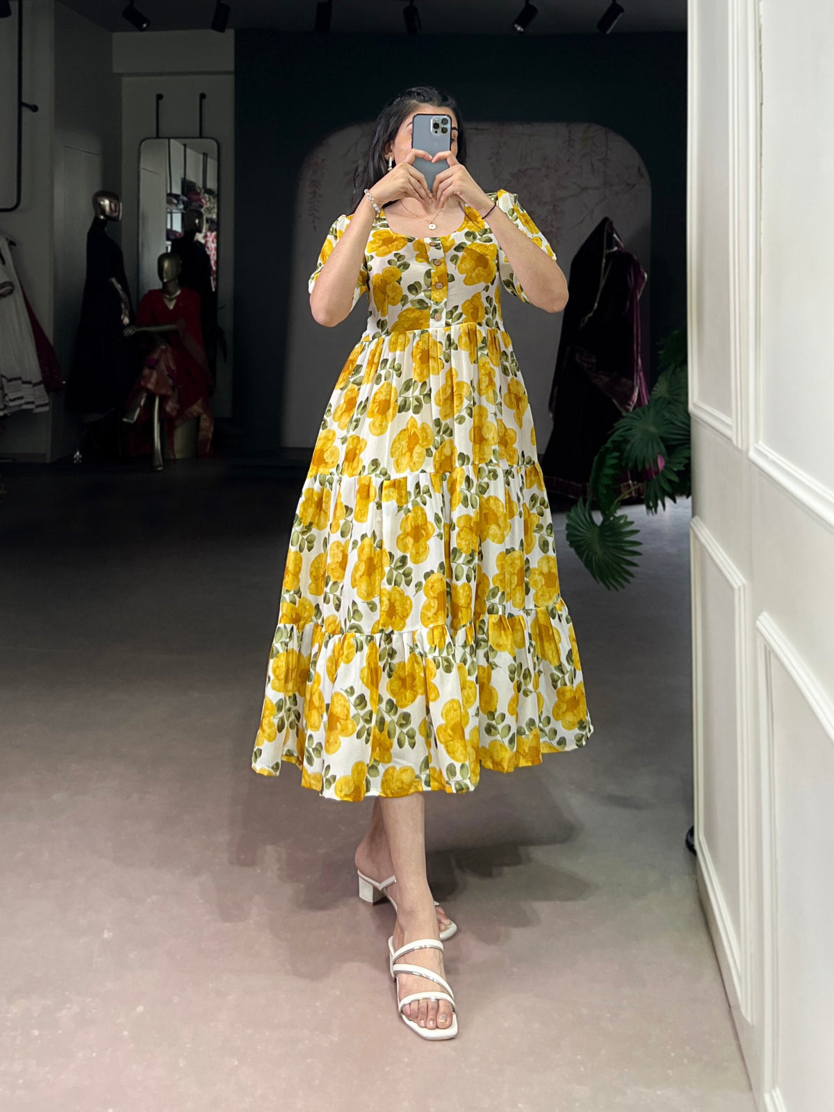 Floral Printed Vichitra Silk Tiered Frock Dress