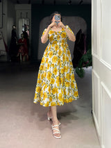 Floral Printed Vichitra Silk Tiered Frock Dress