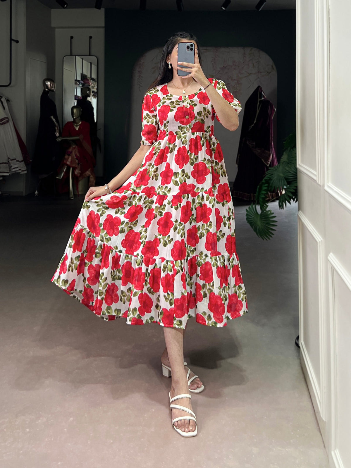Floral Printed Vichitra Silk Tiered Frock Dress