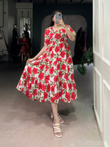 Floral Printed Vichitra Silk Tiered Frock Dress