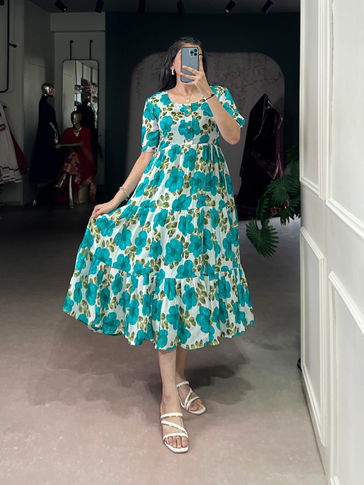 Floral Printed Vichitra Silk Tiered Frock Dress