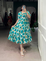 Floral Printed Vichitra Silk Tiered Frock Dress