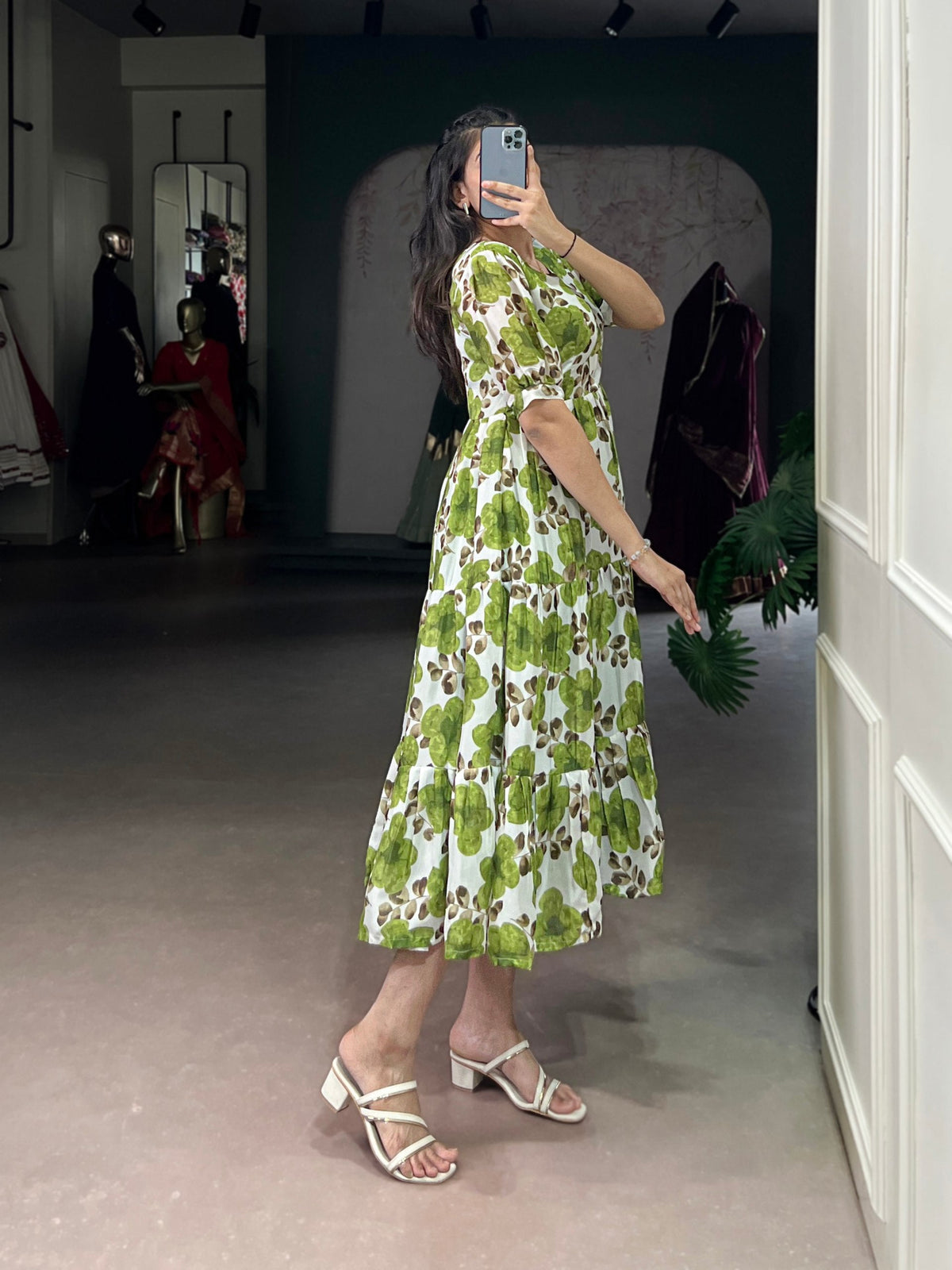 Floral Printed Vichitra Silk Tiered Frock Dress