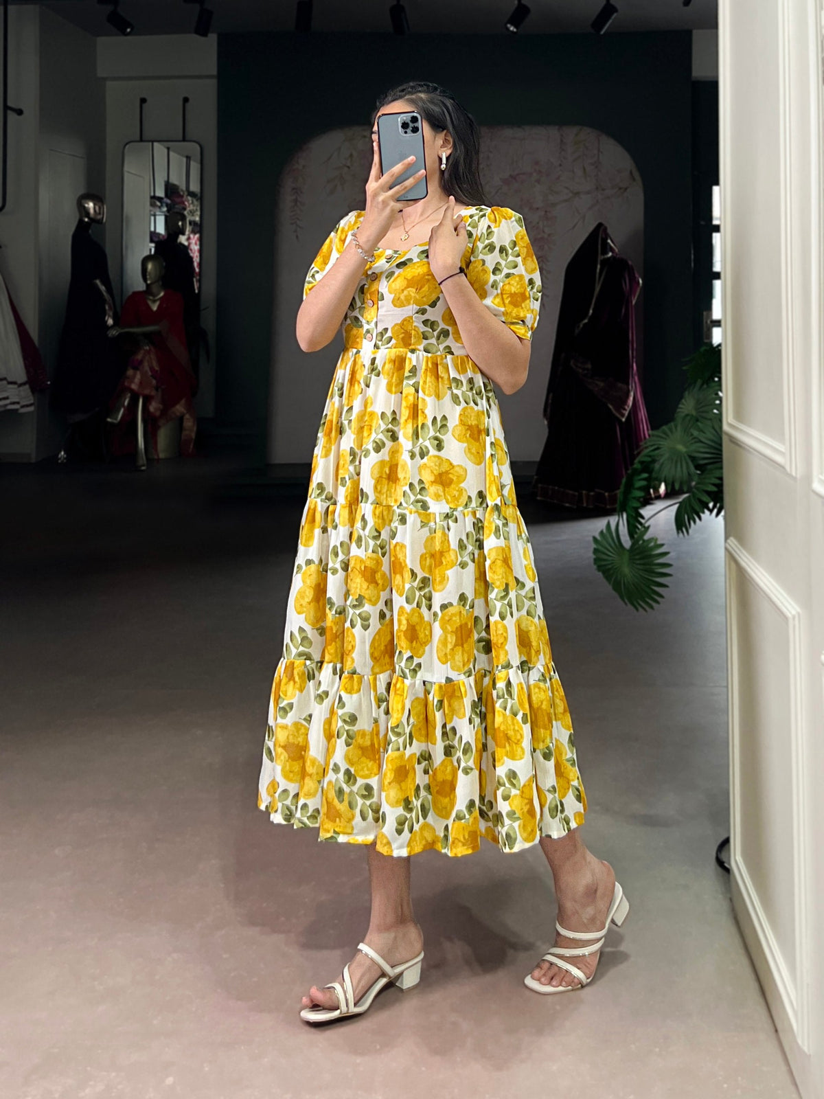 Floral Printed Vichitra Silk Tiered Frock Dress