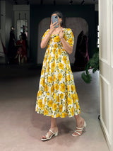 Floral Printed Vichitra Silk Tiered Frock Dress