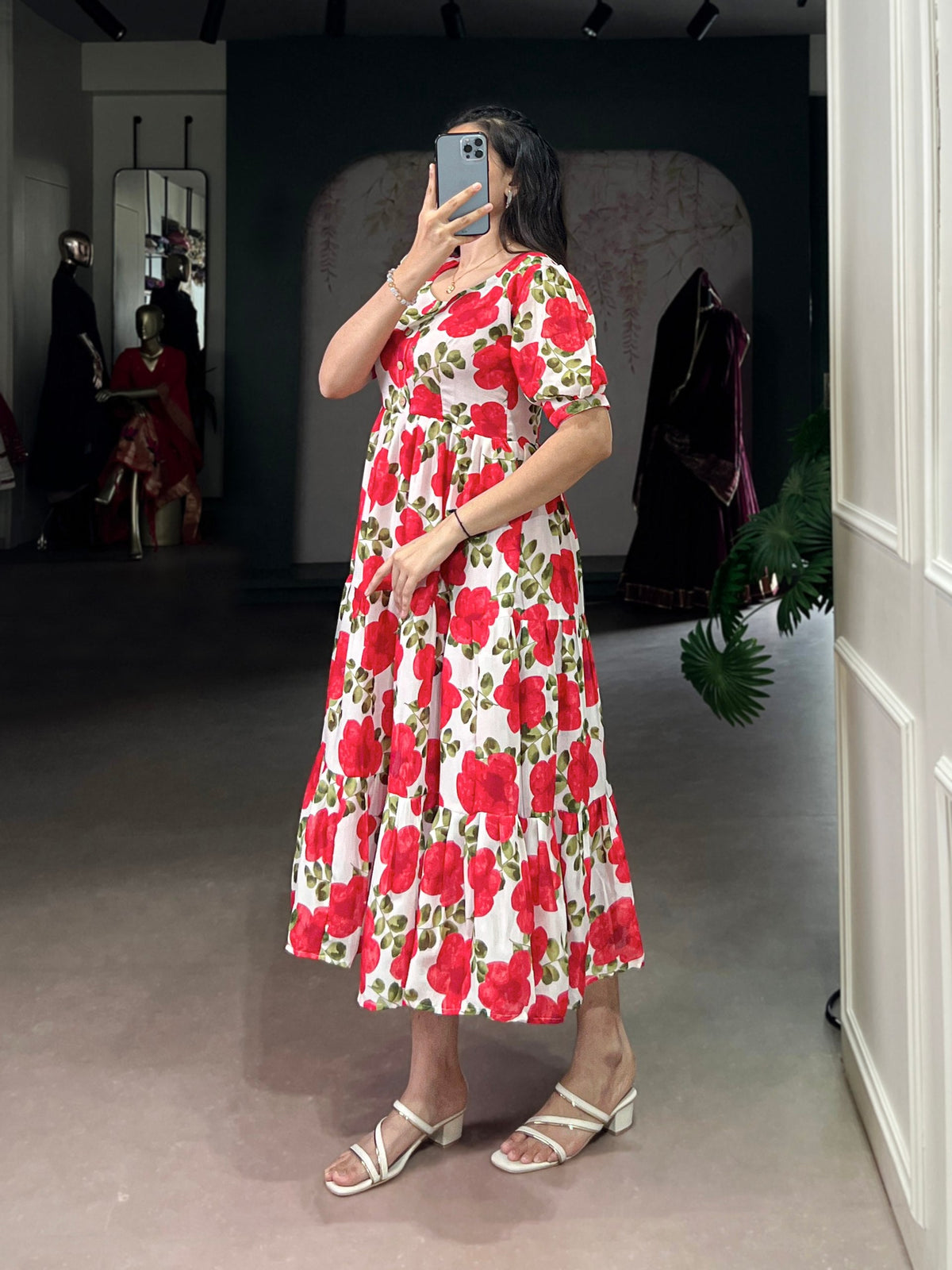 Floral Printed Vichitra Silk Tiered Frock Dress