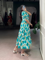 Floral Printed Vichitra Silk Tiered Frock Dress
