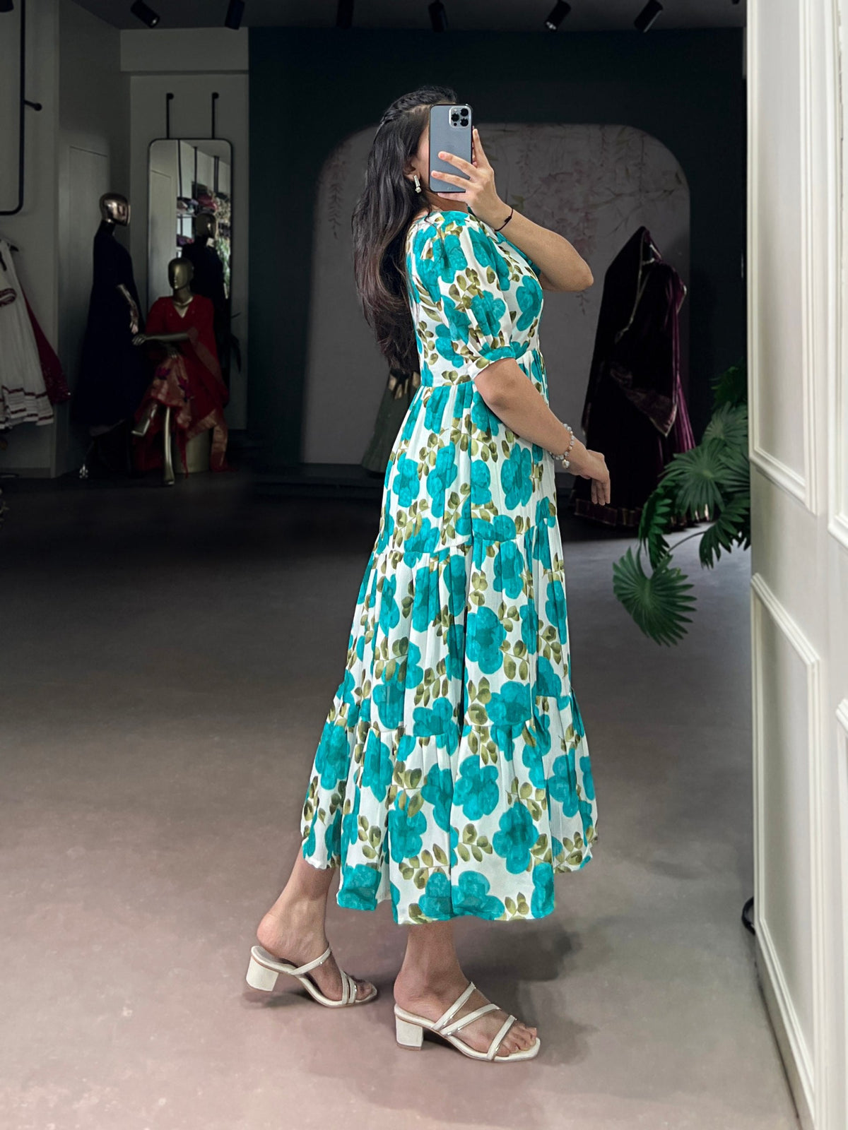 Floral Printed Vichitra Silk Tiered Frock Dress
