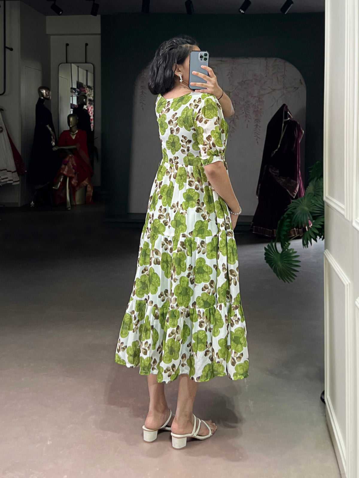 Floral Printed Vichitra Silk Tiered Frock Dress