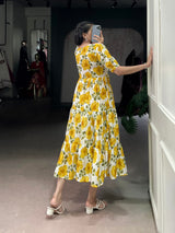 Floral Printed Vichitra Silk Tiered Frock Dress