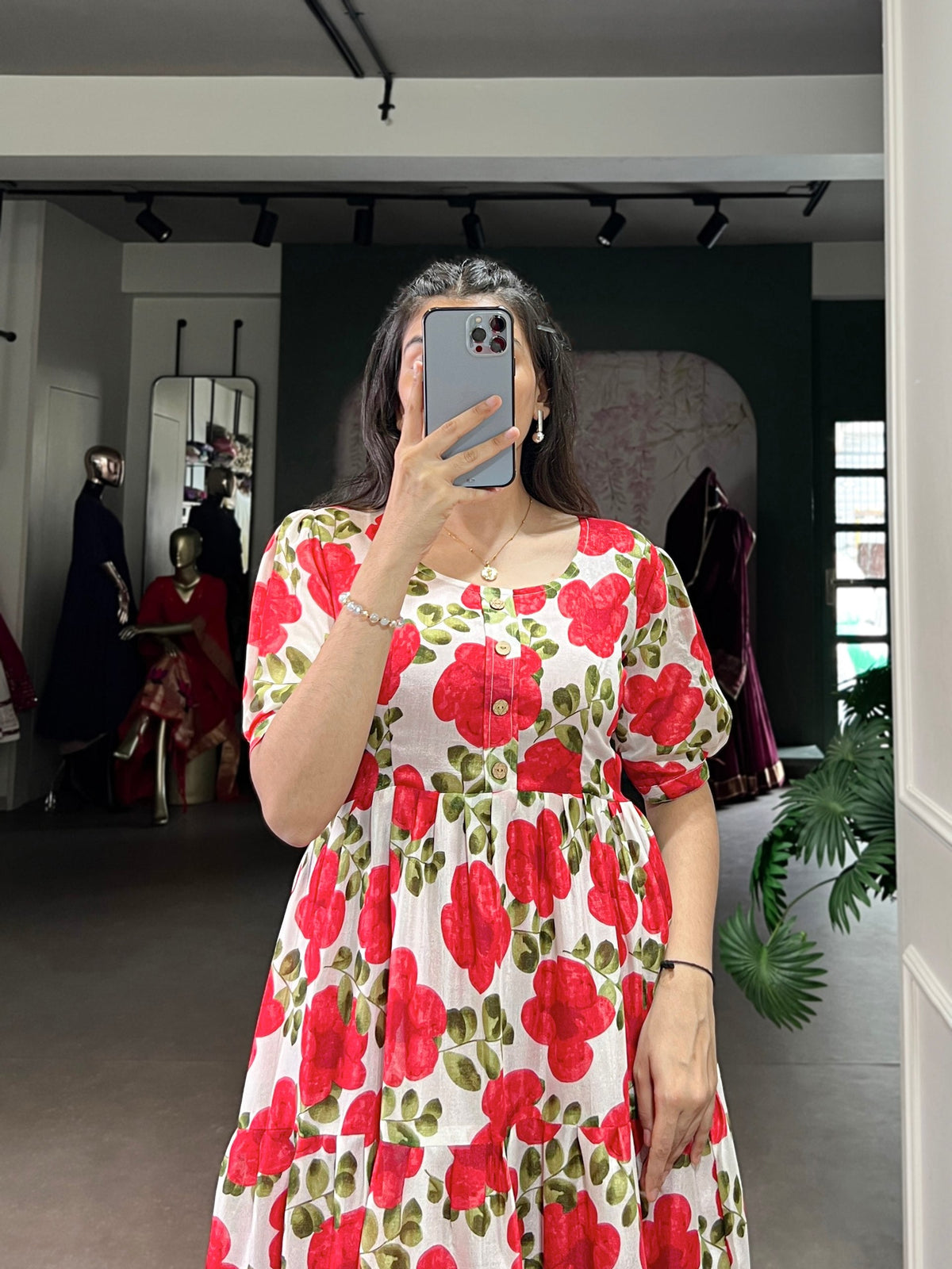 Floral Printed Vichitra Silk Tiered Frock Dress